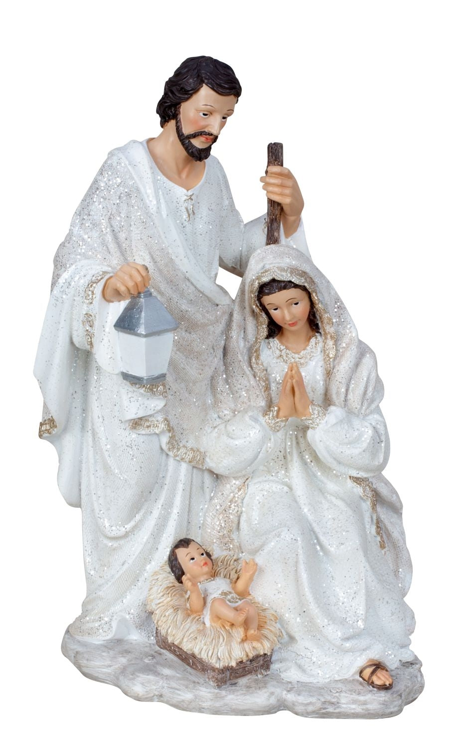 Holy Family Celestia Nativity Figure White Gold Glitter 33cm Polyresin