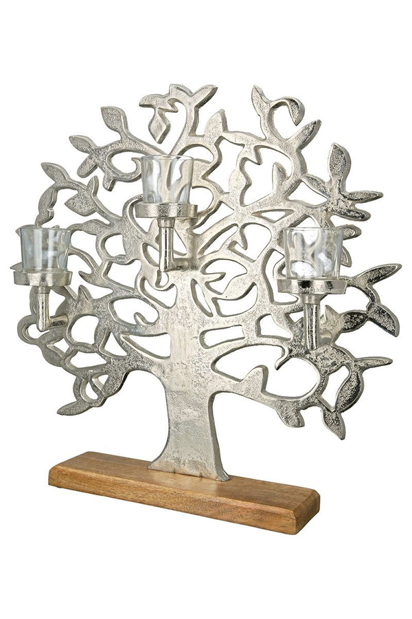 Silberner 'Lebensbaum' Teelicht-Leuchter mit Mangoholz-Base - 3 Kerzenhalter inkl. Glas (B-Ware)