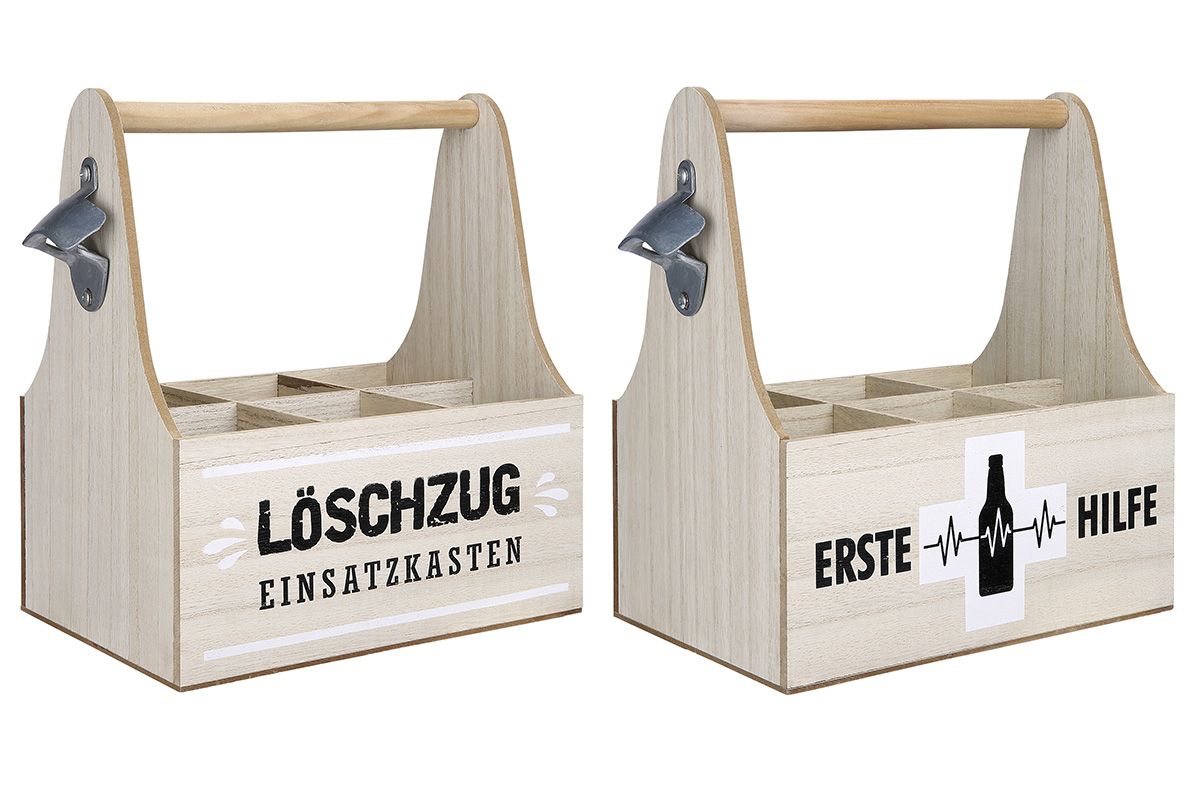 Hilfe - 4er Set MDF 6er-Flaschenträger, 2-fach sortiert mit Metall-Flaschenöffner