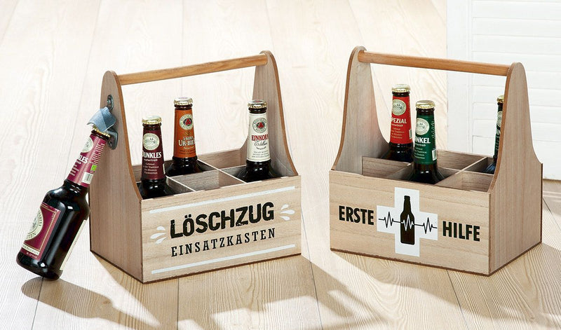 Hilfe - 4er Set MDF 6er-Flaschenträger, 2-fach sortiert mit Metall-Flaschenöffner