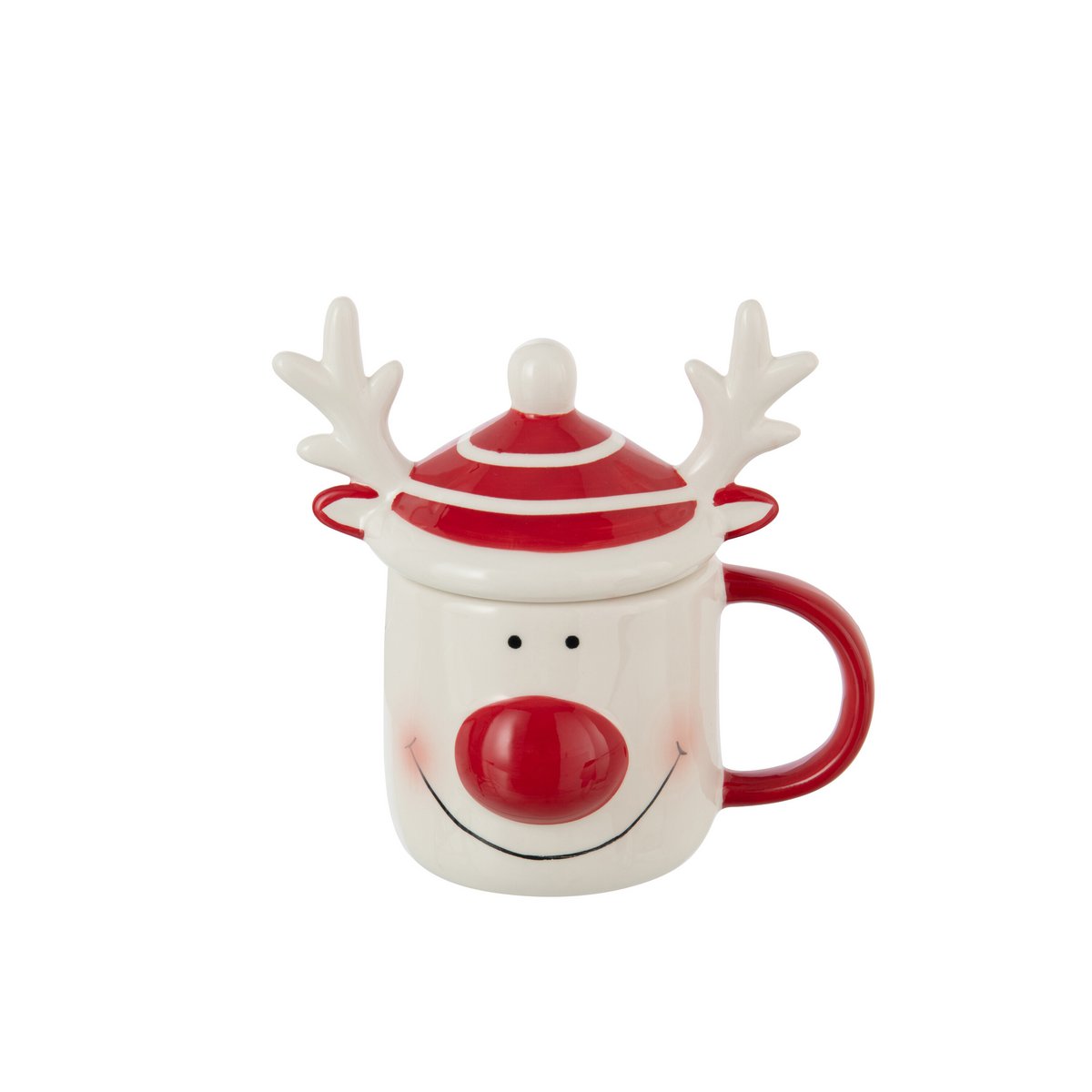 Becher Rentier Keramik Weiß Rot mit Deckel