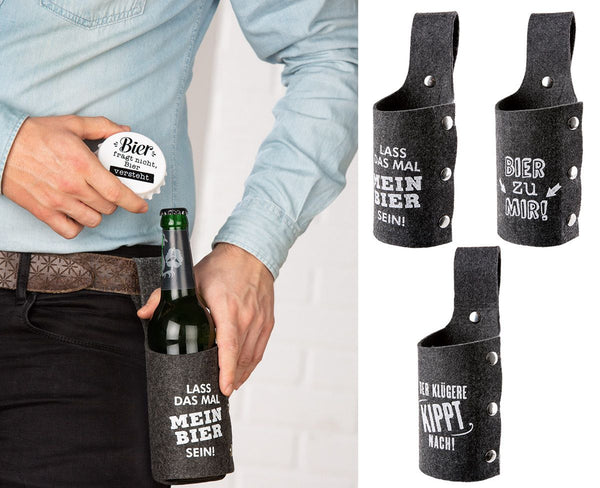 Drinking funny sayings - set of 9 felt bottle holsters, 3 assorted with funny beer wisdom