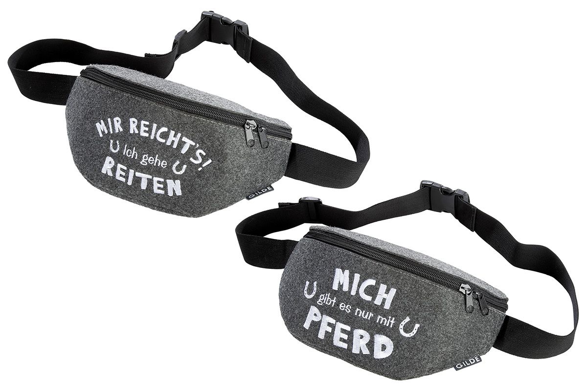 Set of 2 felt fanny packs "Horse/Riding" embroidered with the humorous sayings