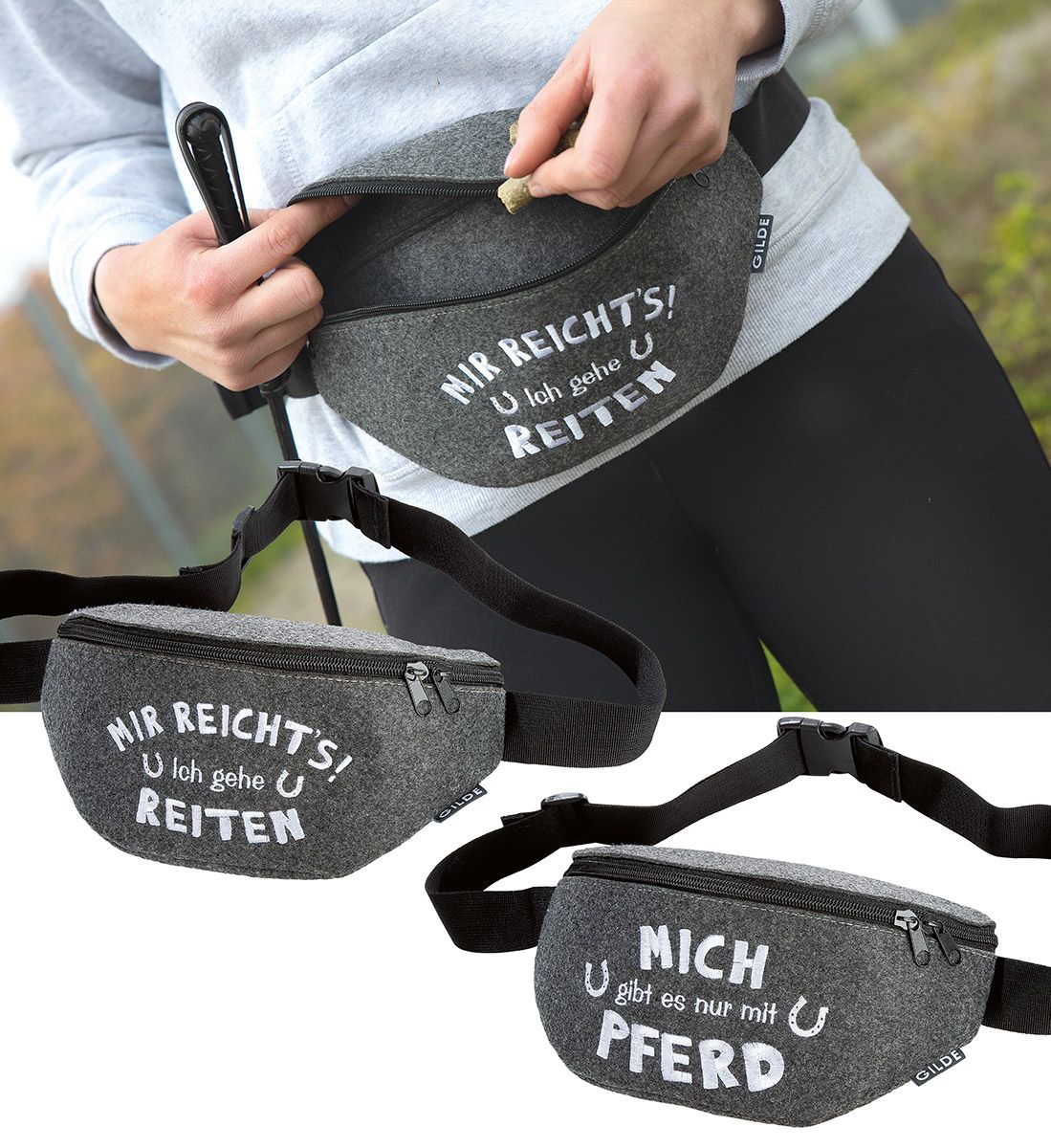Set of 2 felt fanny packs "Horse/Riding" embroidered with the humorous sayings
