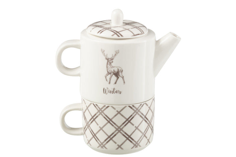Theepot en kopje set rendier design wit bruin in geschenkverpakking