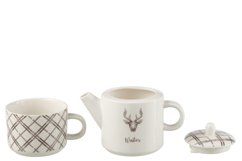 Theepot en kopje set rendier design wit bruin in geschenkverpakking