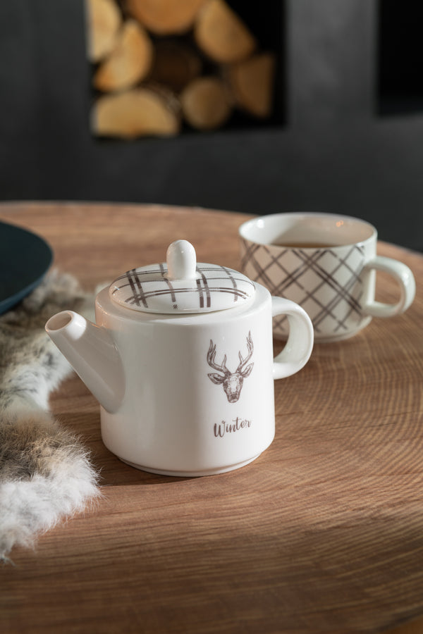 Theepot en kopje set rendier design wit bruin in geschenkverpakking