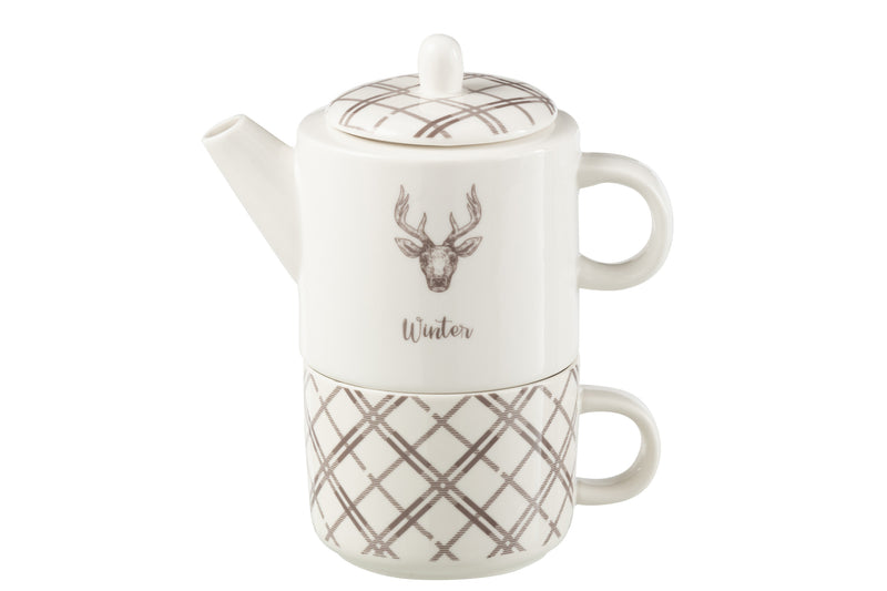 Theepot en kopje set rendier design wit bruin in geschenkverpakking