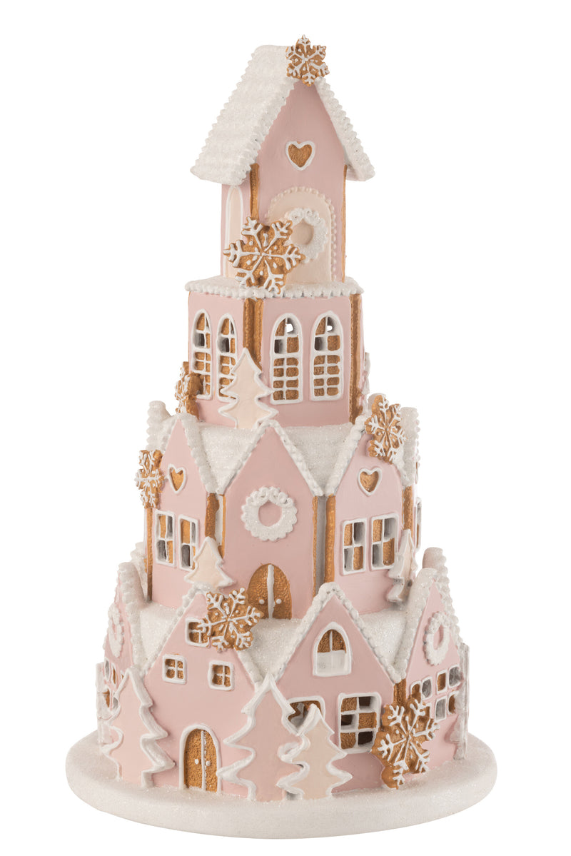 Peperkoekhuisje decoratie roze wit van polyresin 42 cm