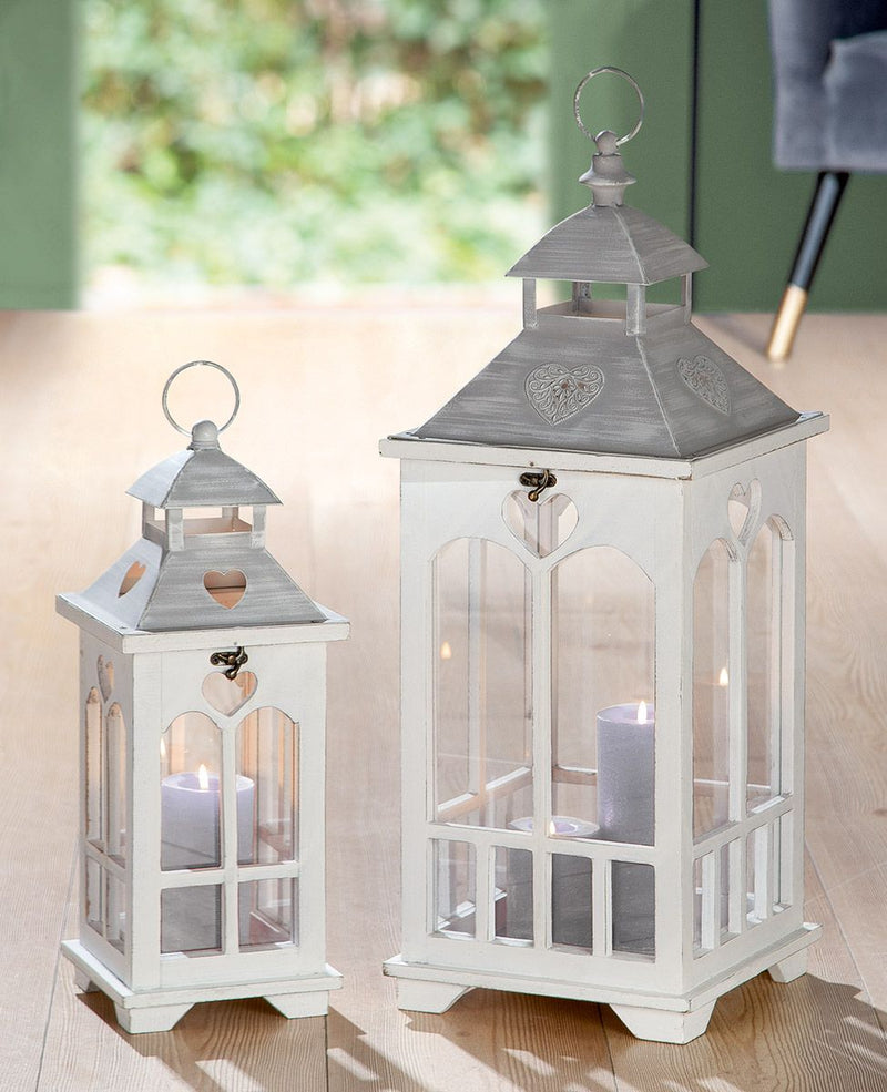 Wooden lantern Cuoris set of 2 in antique white/gray - perfect decoration for a cozy home