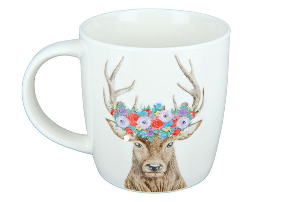 Set van 6 porseleinen kopjes 'Hert met bloemenkrans' - elegante thee- en koffiemomenten geïnspireerd door de natuur