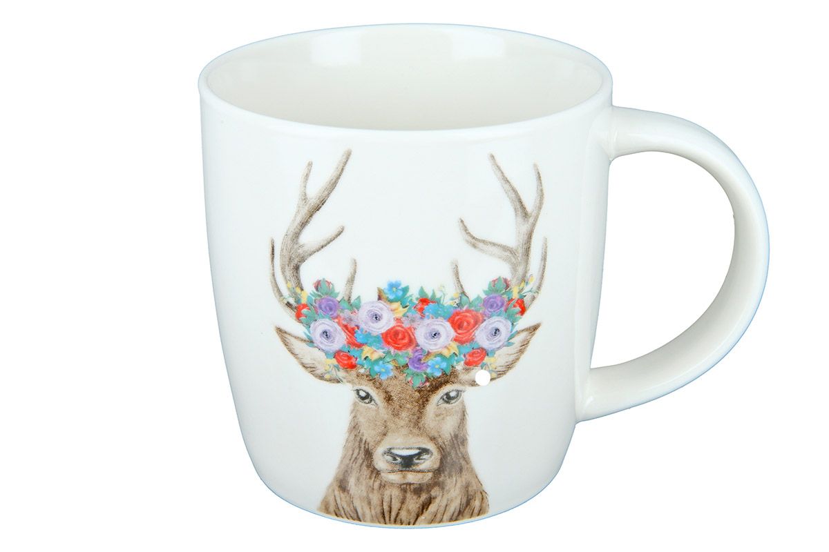 6er Set Porzellan Tassen 'Hirsch mit Blumenkranz' – Elegante Tee- & Kaffeemomente in Naturinspiration