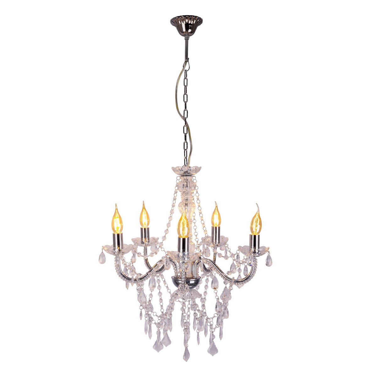 5-light crown "CECILIA" for E14 socket, Ø 52 cm, made of metal and acrylic, in chrome