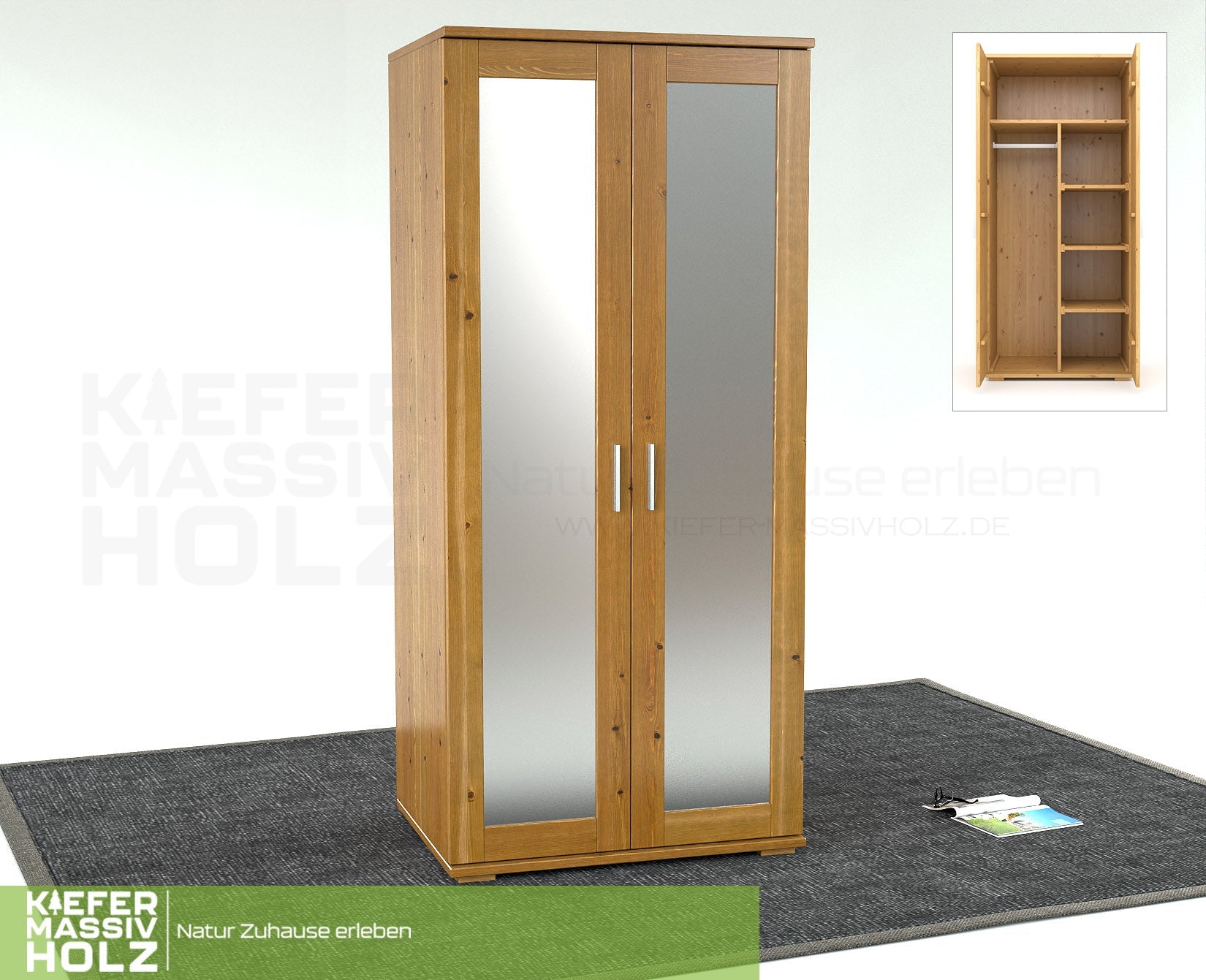 Nobis Spiegeltürenschrank | Kleiderschrank | Regale und Kleiderstange | 100% Bio Kiefer Massivholz