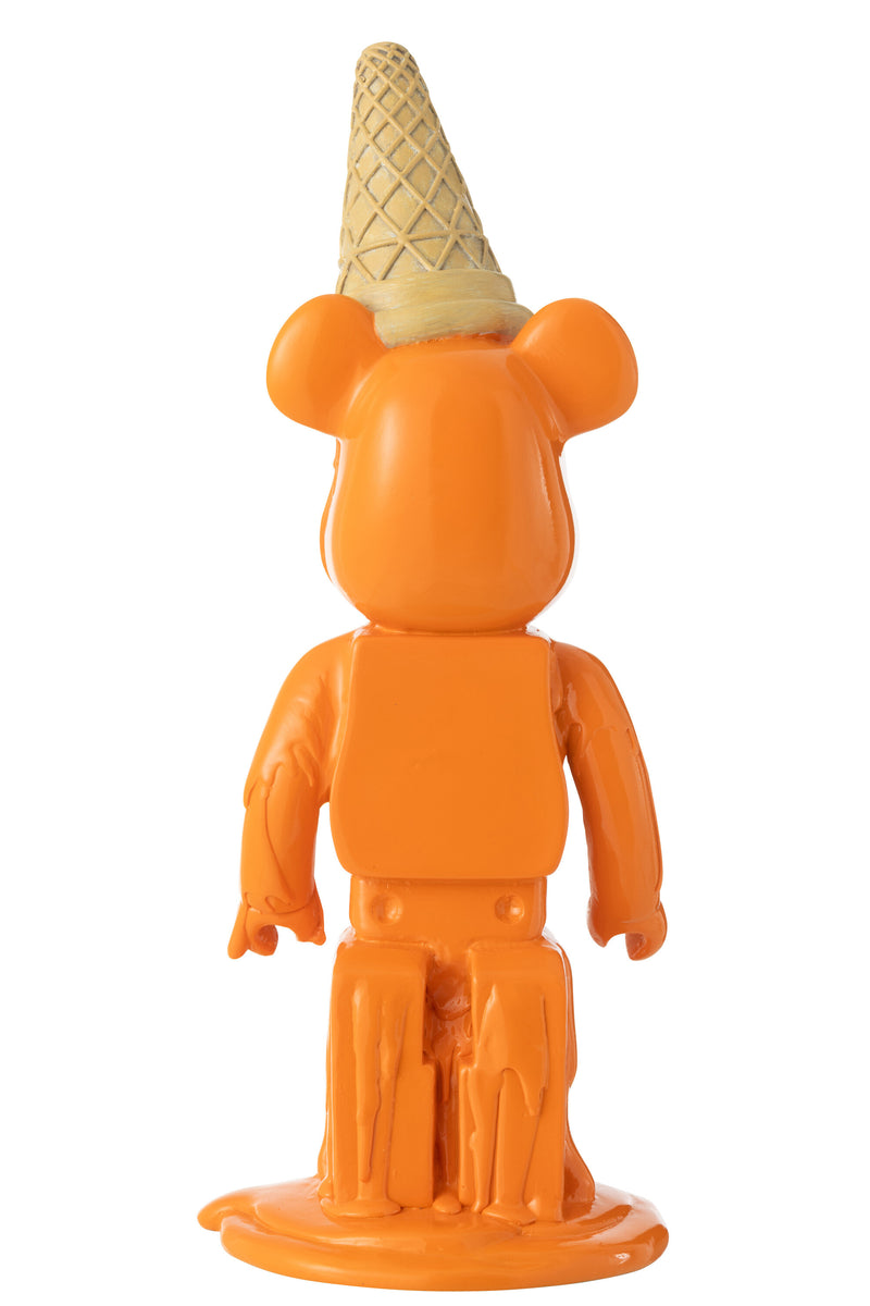 Decorative figure bear with ice cream cone – Modern art in orange, height 39.5 cm