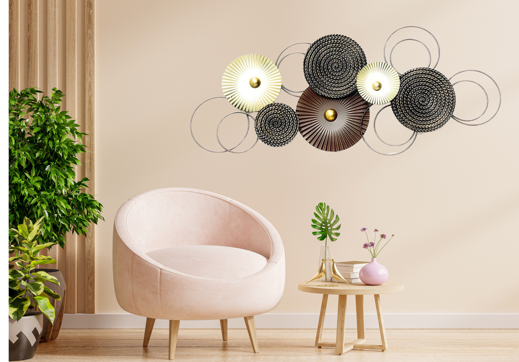 Wanddekoobjekt Sixo Braun Goldtöne Metall Wanddeko Wandschmuck Kreise 83x38 cm Deko
