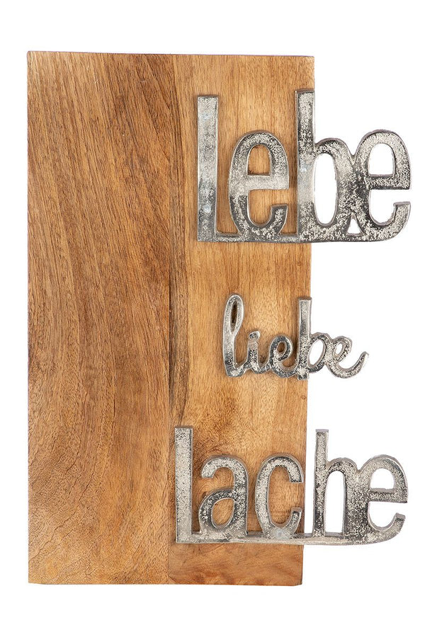 Wandobject 'Live, love, lach' - Inspirerende muurkunst gemaakt van mangohout en aluminium, 32x45 cm