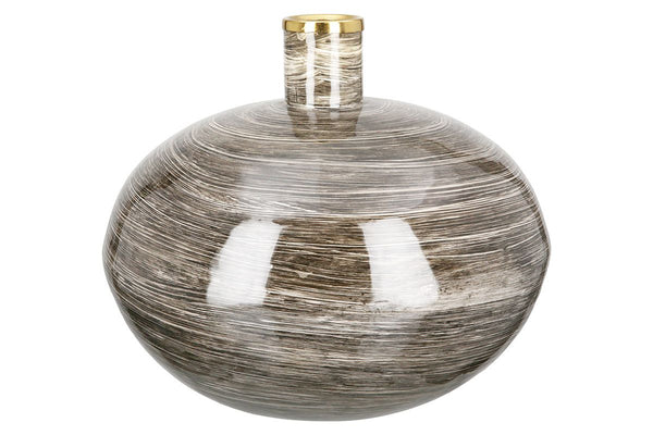 Elegant metal vase 'Stripes' - bulbous shape with gold-colored ring, brown, enamelled, steel - 26cm height
