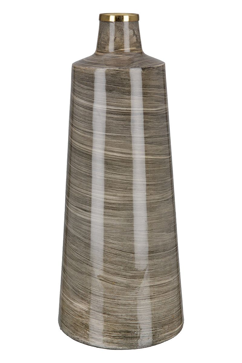 Edle Kegelförmige Metall Vase 'Stripes' - Braun mit Goldfarbenem Akzent, Emaillierte Stahl, 37cm Höhe