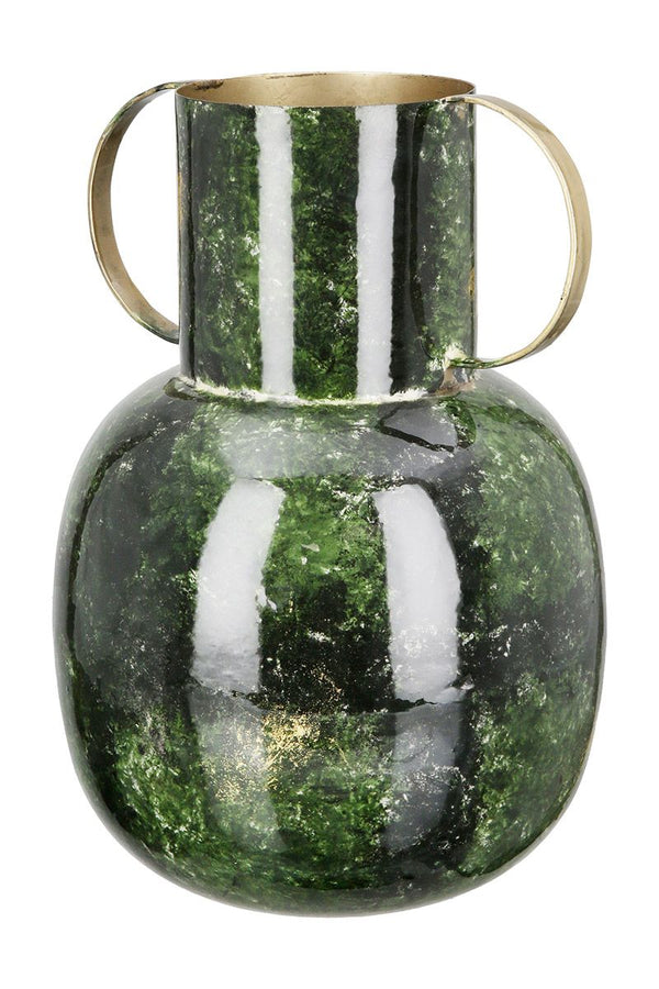 Antique green &amp; gold metal decorative vase 'Grana' - artfully bulbous for an elegant ambience