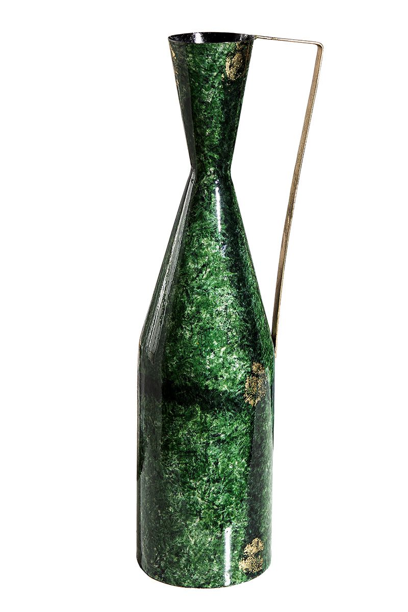 Antikgrüne Emaillierte Metall Deko Vase 'Grana' - 50cm mit Goldfarbenem Henkel