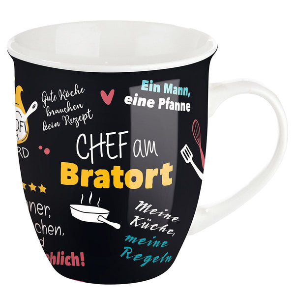 Chef am Bratort - 6er Set Porzellan Jumbo Tassen in Schwarz/Weiß/Gelb, 400 ml  Artikelbeschreibung: