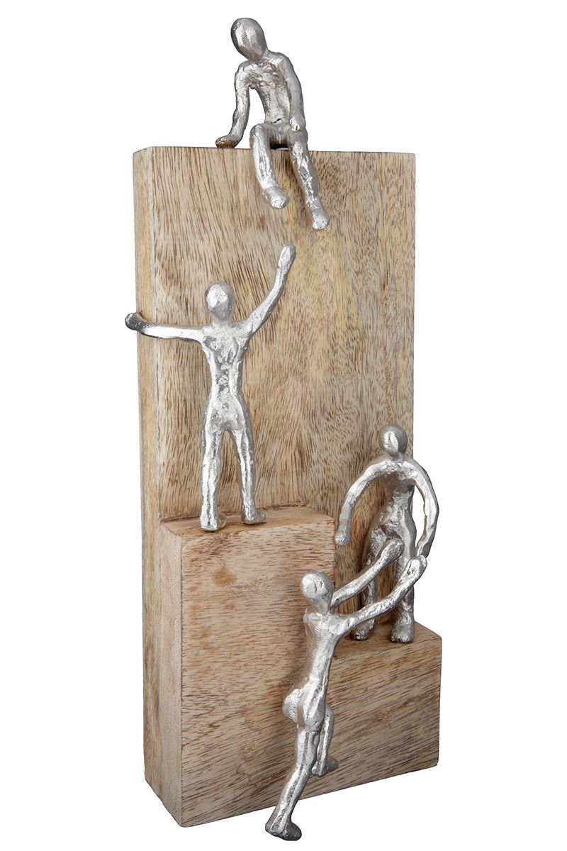 Higher together - sculpture 'Helping Hand' made of mango wood with aluminum figures
