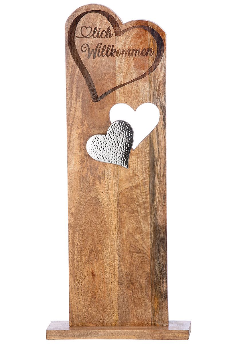 Herzlich Willkommen - Elegantes Standrelief "Herz" aus Mangoholz mit Silberakzenten, 86cm Höhe