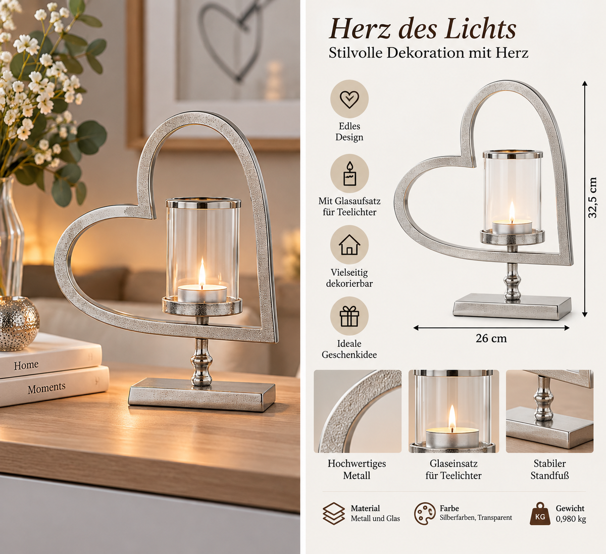 Elegante theelichthouder "Heart of Light" - metaal &amp; glas, 32,5 cm hoog