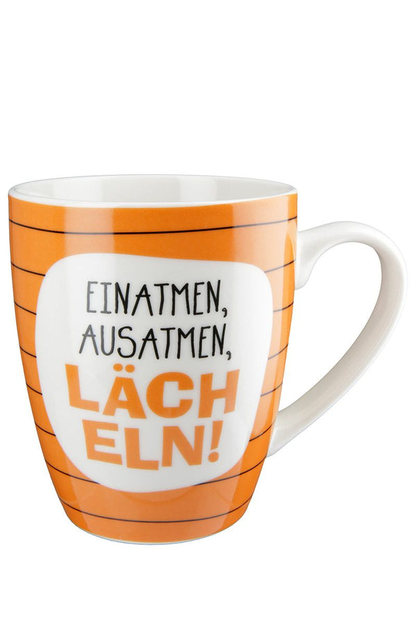 Lächeln - 6er Set Knochenporzellan Tassen in Orange und Schwarz mit Inspirierendem Spruch, 360 ml