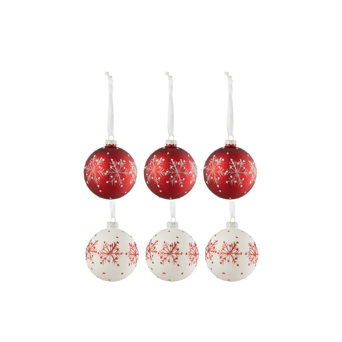 Doos met 6 kerstballen, sneeuwvlokken, glinsterend glas, wit/RD, klein