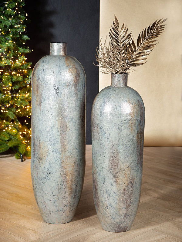 Vielseitige Metall Vase 'Serenity' in Grau Metallic/Blau/Beige, Erhältlich in Zwei Größen, Elegantes Dekorationsstück
