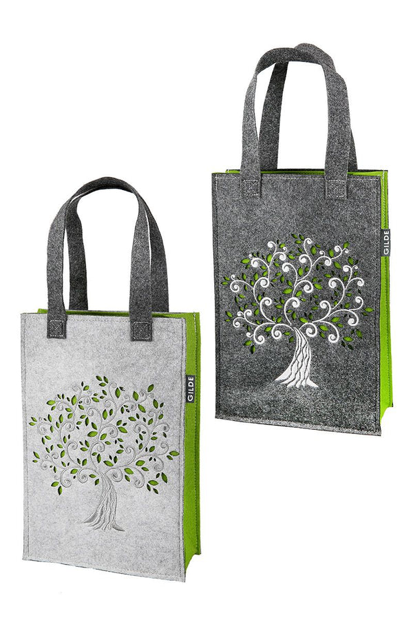 8er Set Geschenktaschen 'Baum' – 2 Farbvarianten | Hellgrau & Dunkelgrau mit Grün | Beidseitiges Motiv | 20x8x30cm