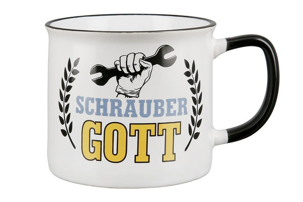 Schraubergott - 6er Set Keramik Tassen für Schrauber im Emaille-Design, Weiß/Schwarz/Gelb/Blau
