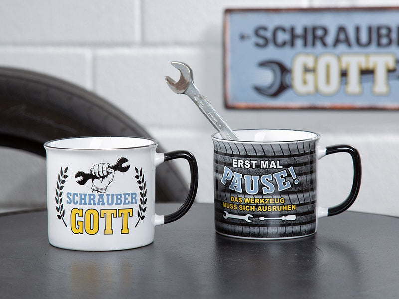 Pause - 6er Set Keramik Tassen für Schrauber, Emaille Design in Schwarz/Gelb/Blau, 390 ml