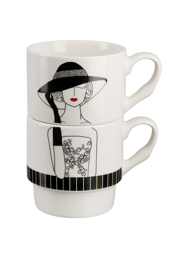 Elegante Porzellan Stapeltassen 'Lady mit Hut' – 2-teiliges Set im Retro-Stil