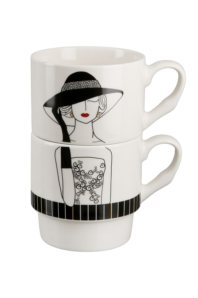 Elegante Porzellan Stapeltassen 'Lady mit Hut' – 2-teiliges Set im Retro-Stil