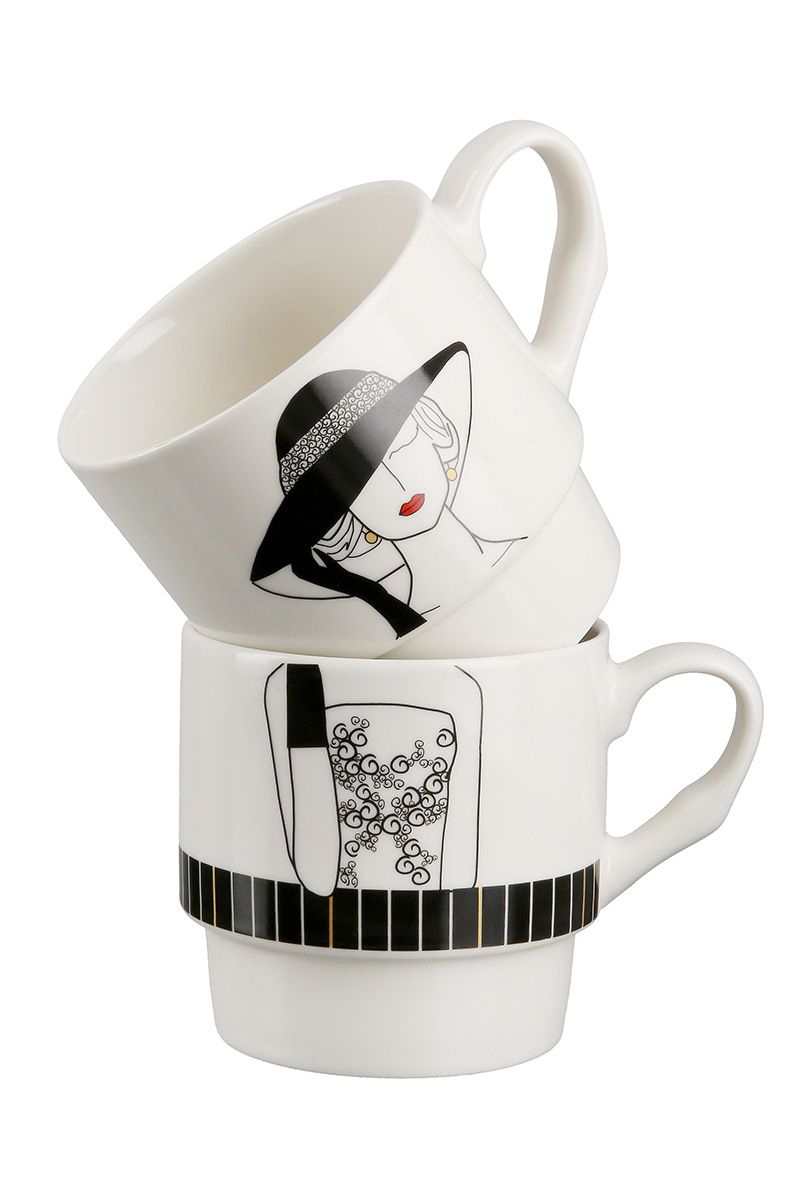 Elegante Porzellan Stapeltassen 'Lady mit Hut' – 2-teiliges Set im Retro-Stil