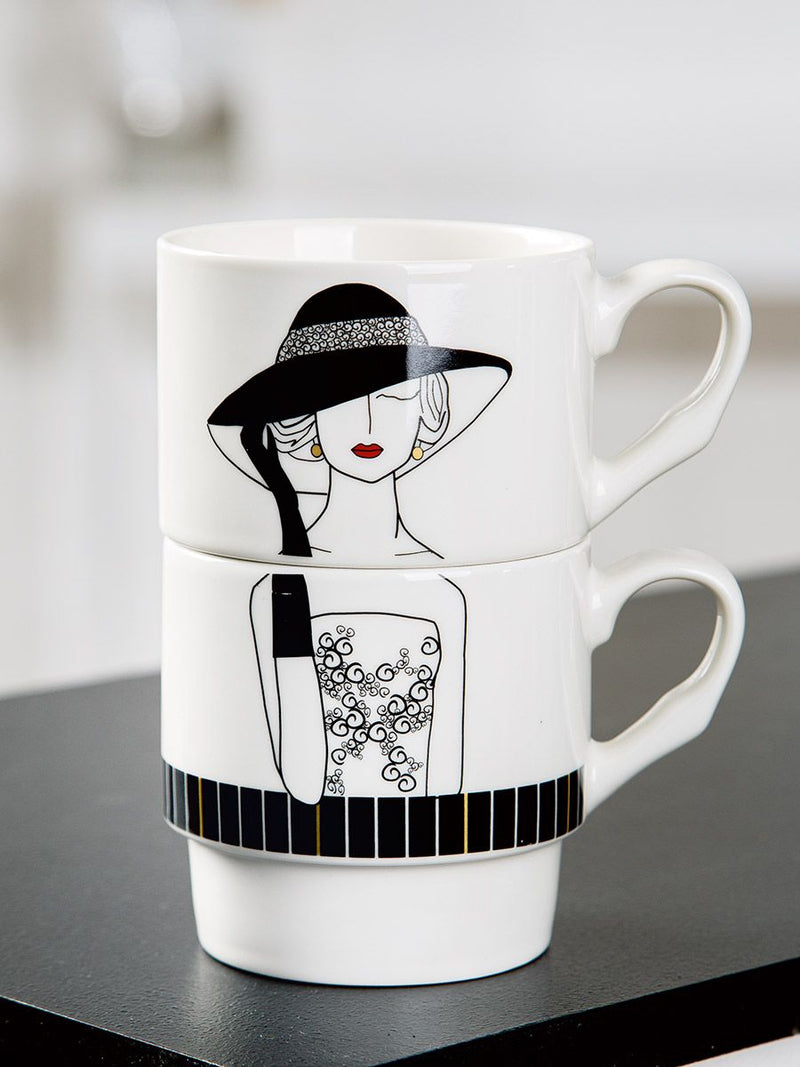 Elegante Porzellan Stapeltassen 'Lady mit Hut' – 2-teiliges Set im Retro-Stil