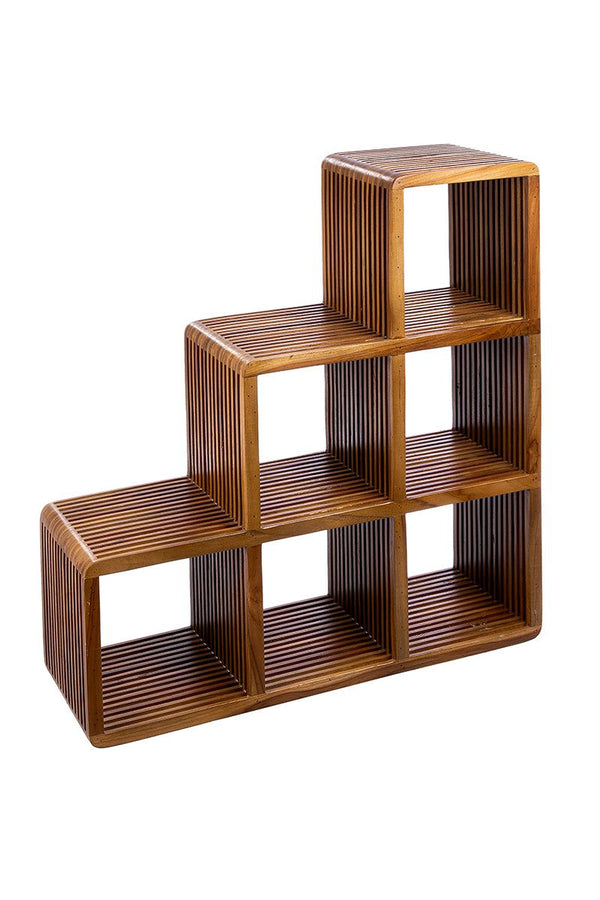 Holz Stufenregal Raumteiler Cali - Teakholz, Geschlitztes Design