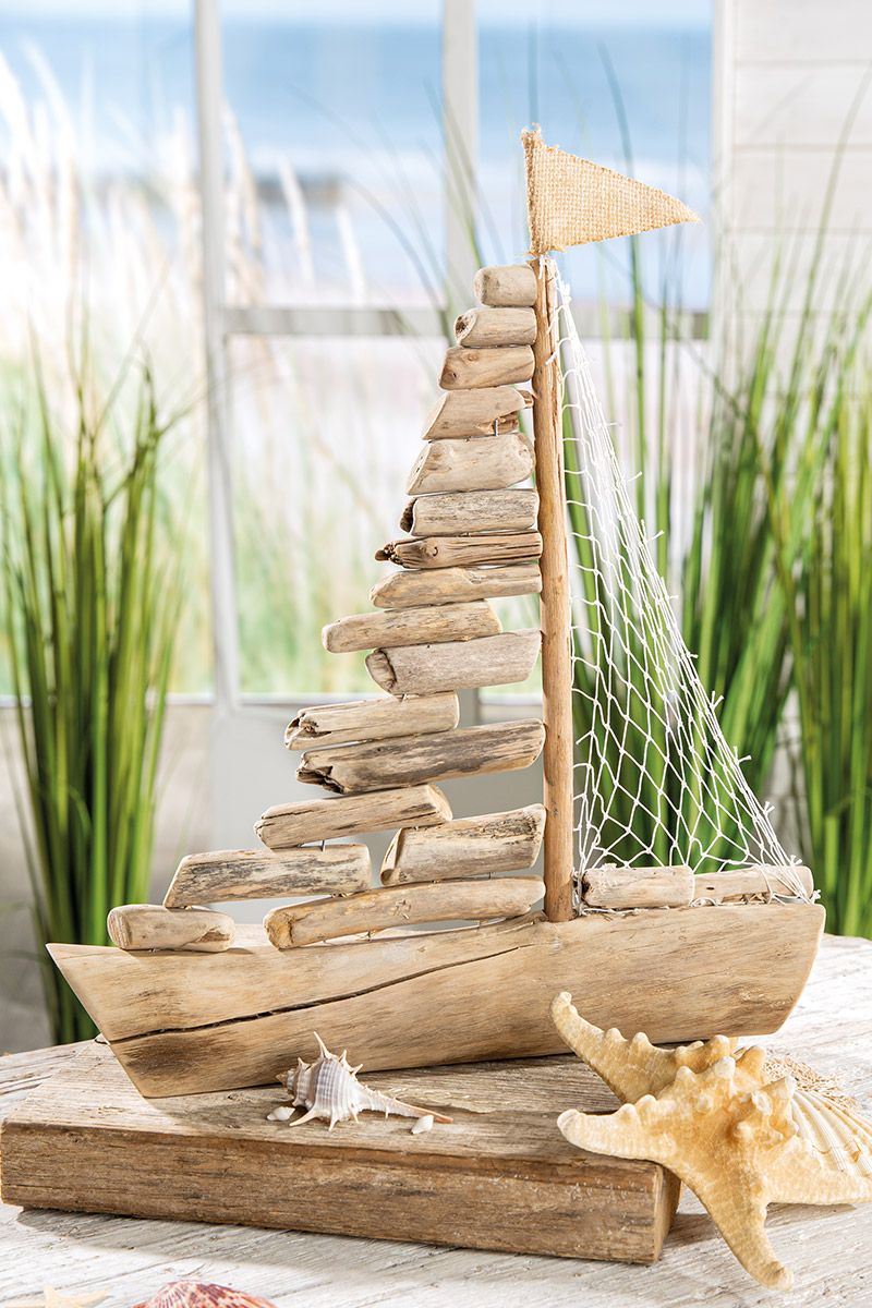 Set of 2 wooden decorative boats, natural look, 40 cm high