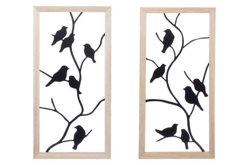Set van 2 wandreliëfs 'Aves' - elegant vogelmotief in hout en zwart metaal
