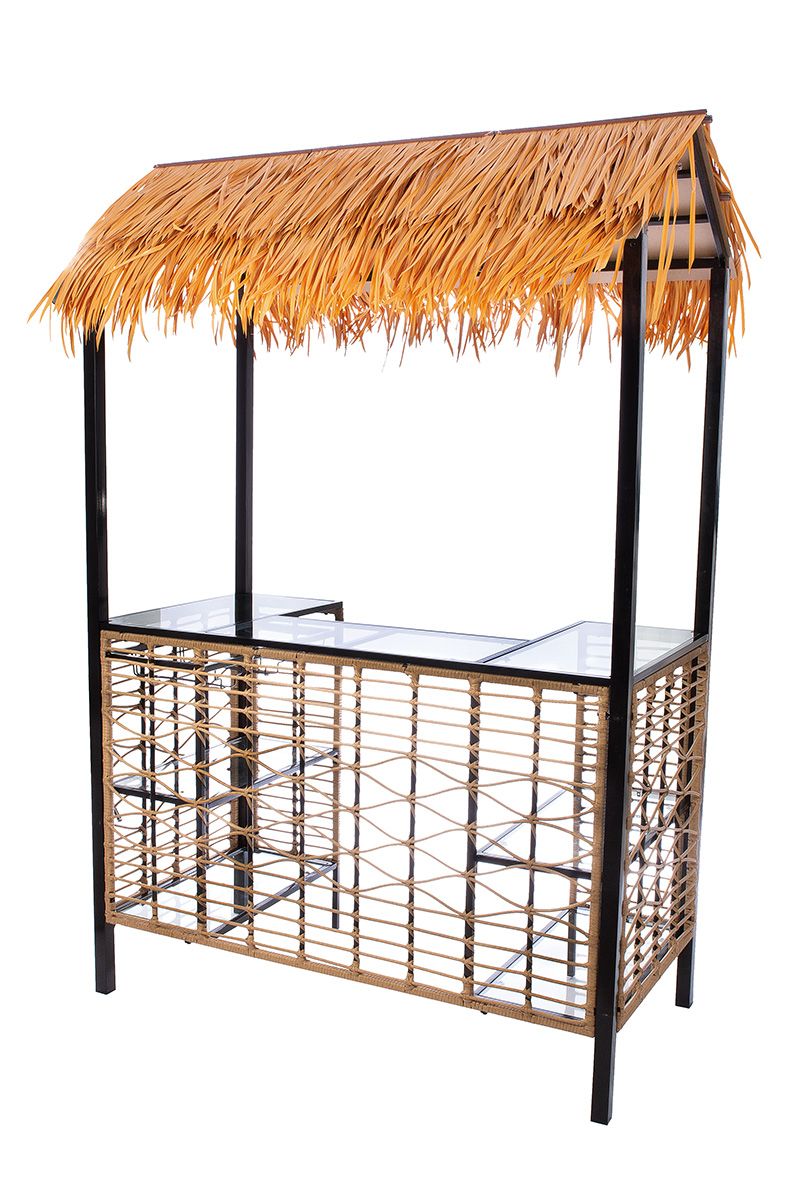3-tlg. Hawaii Bar-Set aus Metall und Polyrattan in Naturfarben mit Glasablage und zwei Stühlen