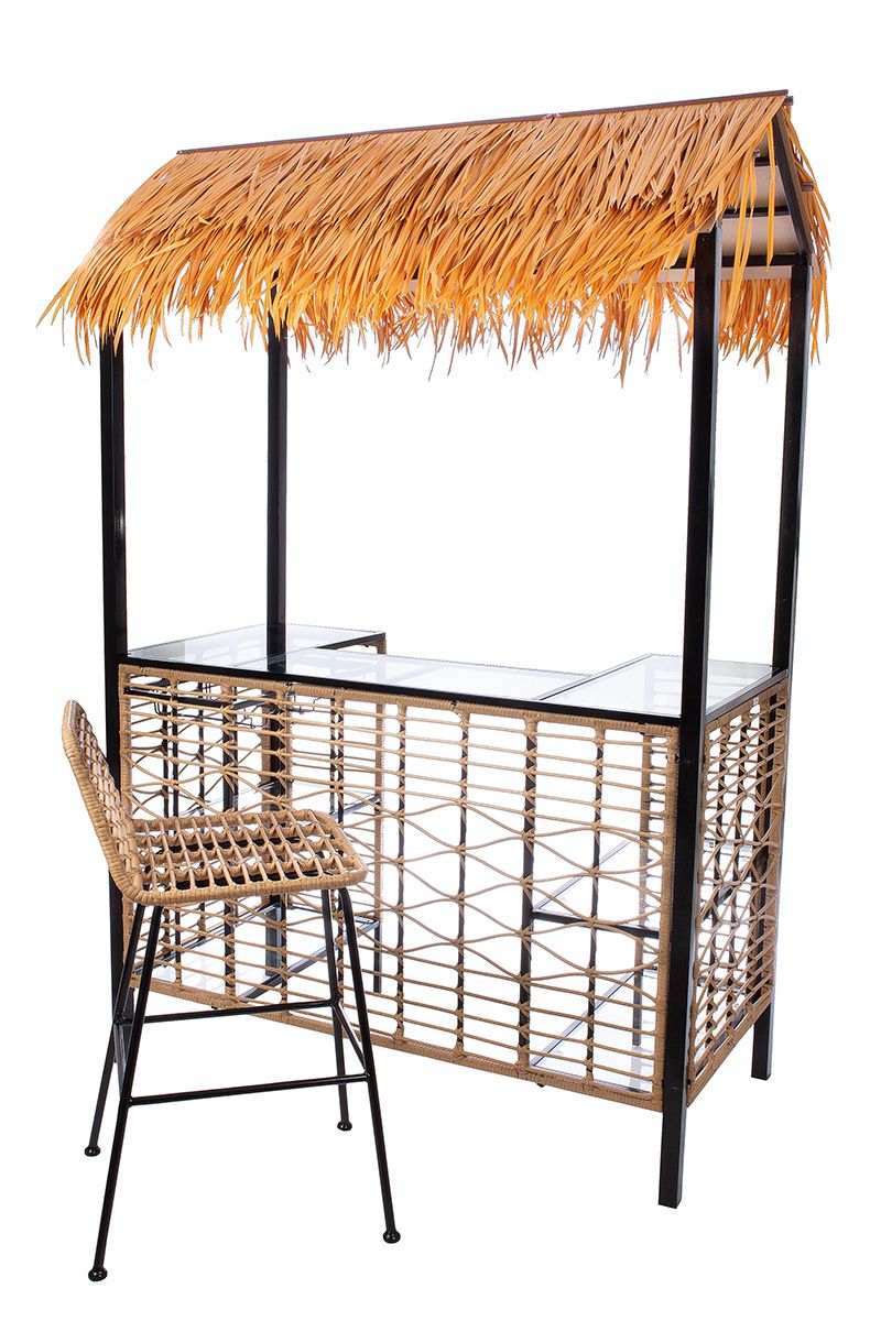 3-tlg. Hawaii Bar-Set aus Metall und Polyrattan in Naturfarben mit Glasablage und zwei Stühlen