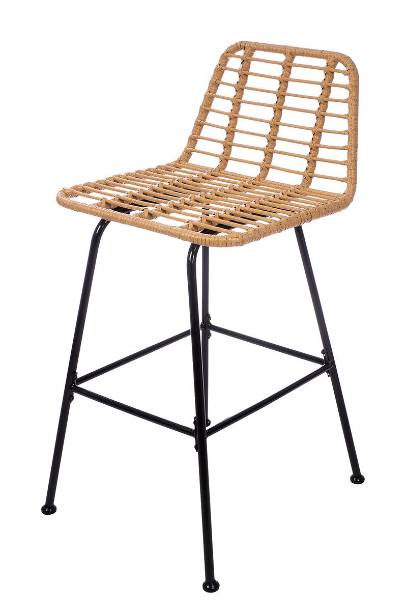 3-tlg. Hawaii Bar-Set aus Metall und Polyrattan in Naturfarben mit Glasablage und zwei Stühlen