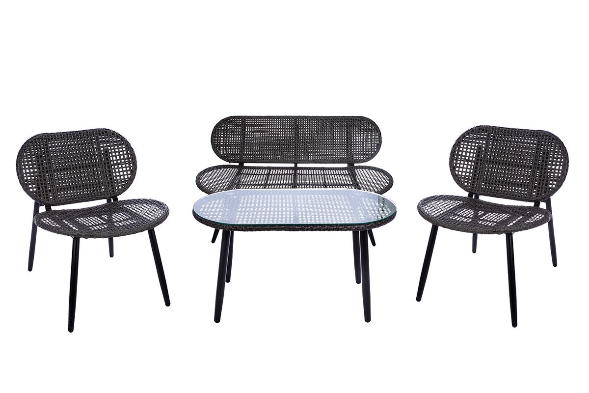 4-tlg. Loungeset Cannobio aus Metall und Polyrattan in Anthrazit mit Glasplatte