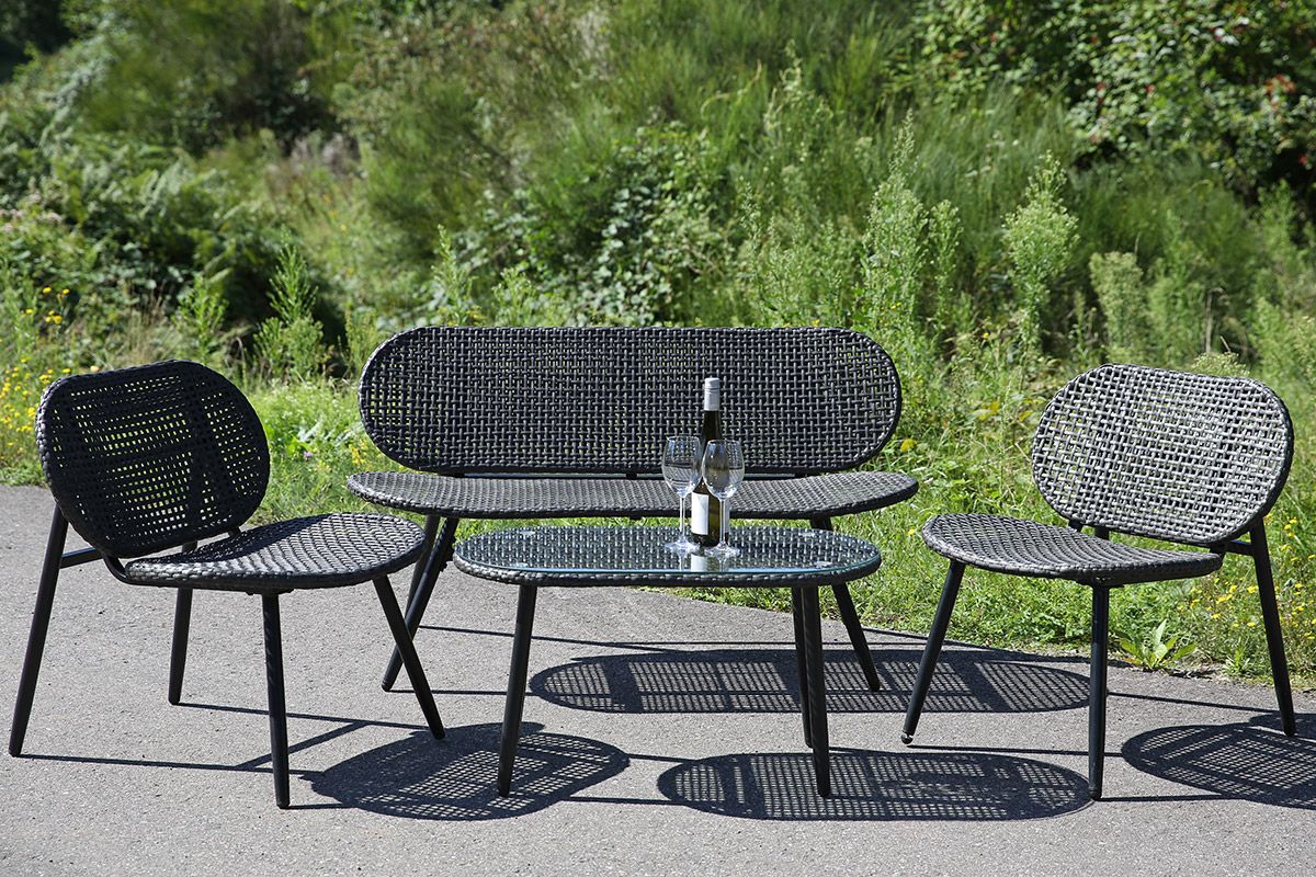 4-tlg. Loungeset Cannobio aus Metall und Polyrattan in Anthrazit mit Glasplatte