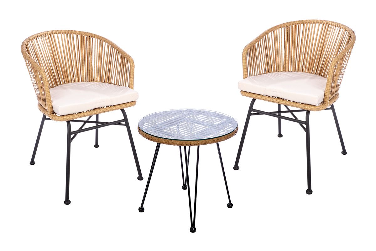 3-piece Valencia lounge set in natural and cream metal polyrattan set with glass top 