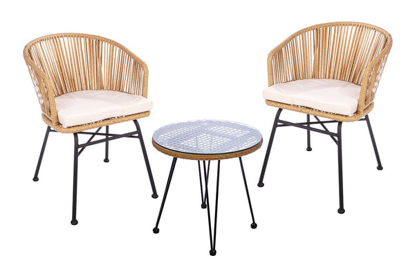 3-tlg. Loungeset Valencia in Natur und Creme Metall Polyrattan Set mit Glasplatte