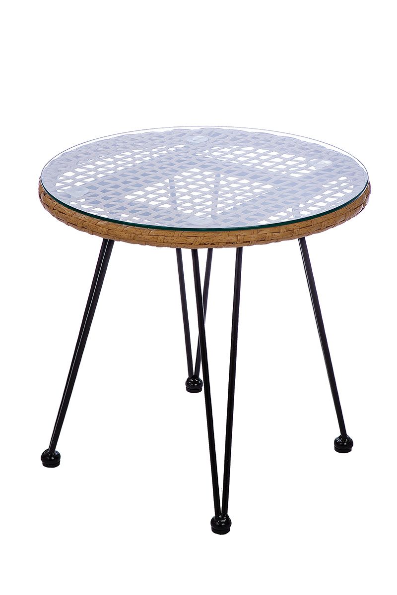 3 stuks Loungeset “Valencia” in naturel en crème – elegante metalen polyrotan set met glazen blad Modern design voor tuin en terras 